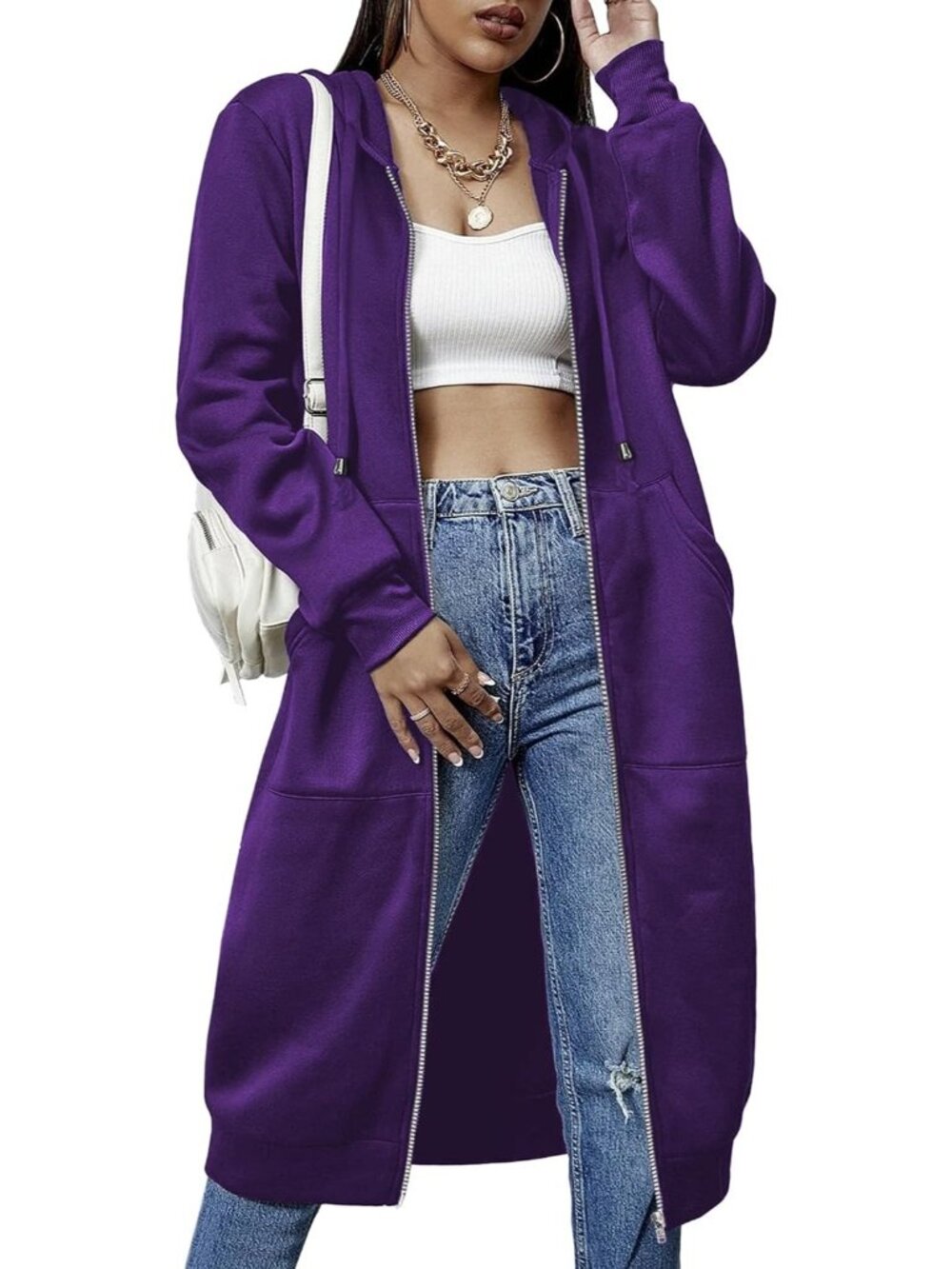 〽️Women's Purple Casual Zip Up Fleece Tunic Oversized Pocket Long Hoodie Jacket